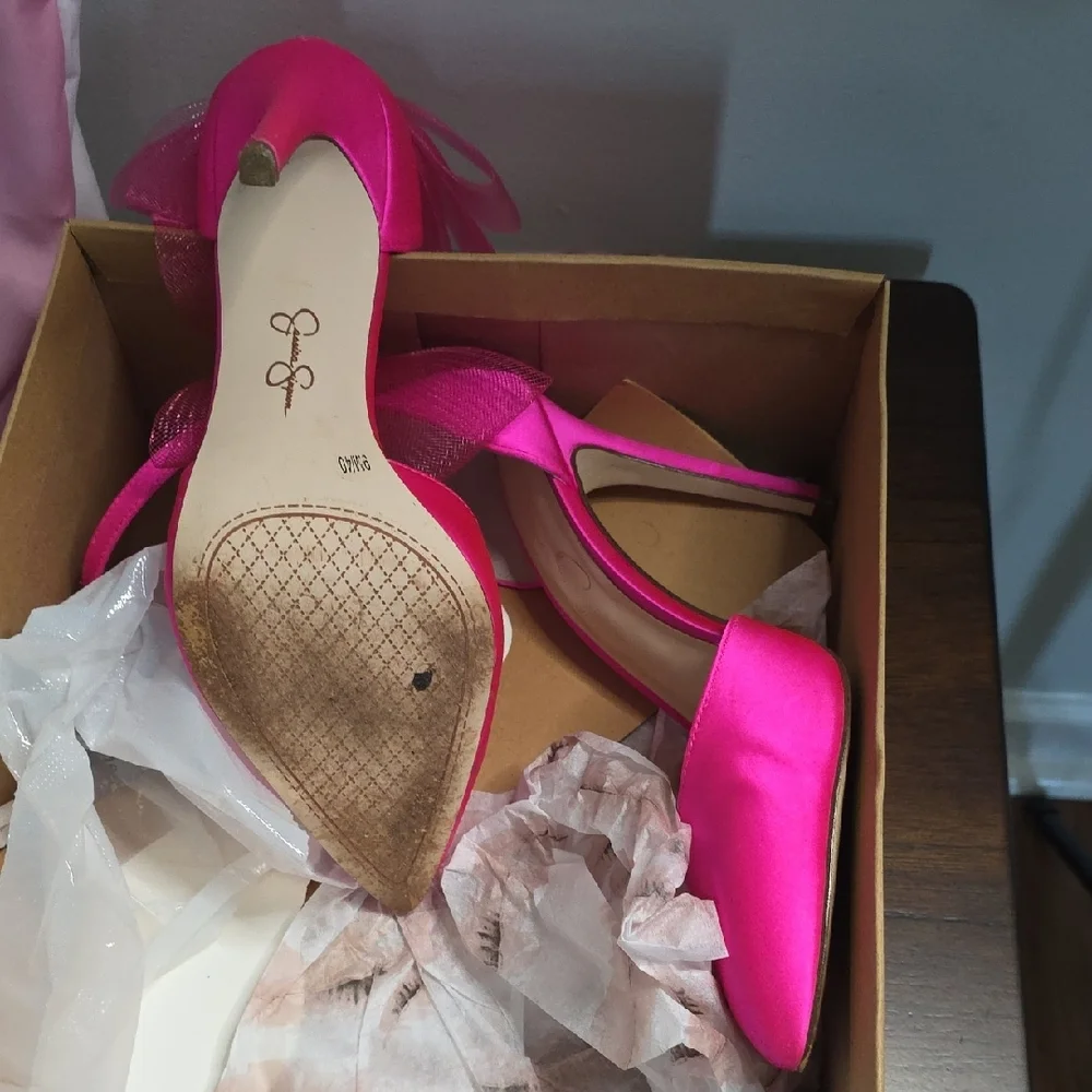Jessica Simpson Hot Pink Satin Bow Ankle Strap Heels - Picture 3 of 5